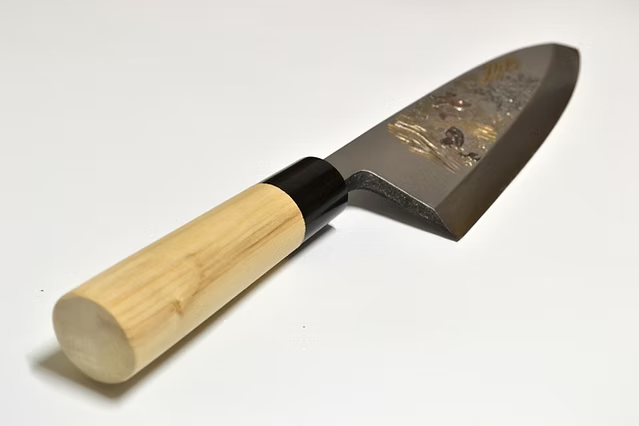 Sakai Takayuki Metal Decorated Engraving by Kubota Ascend of Koi White Steel Kasumitogi Deba 240mm Magnolia (Ferrule: Water Buffalo Horn) Handle - Japanny - Best Japanese Knife