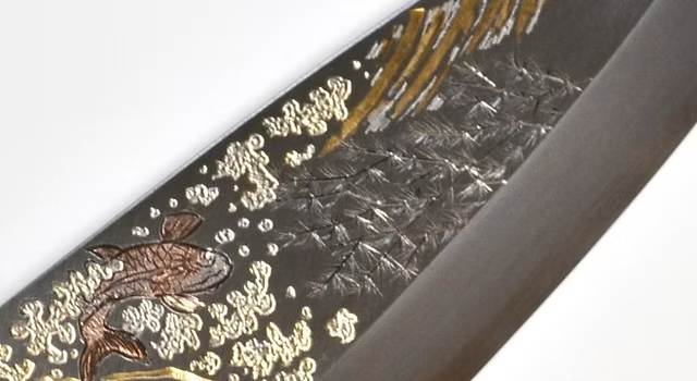 Sakai Takayuki Metal Decorated Engraving by Kubota Ascend of Koi White Steel Kasumitogi Deba 240mm Magnolia (Ferrule: Water Buffalo Horn) Handle - Japanny - Best Japanese Knife