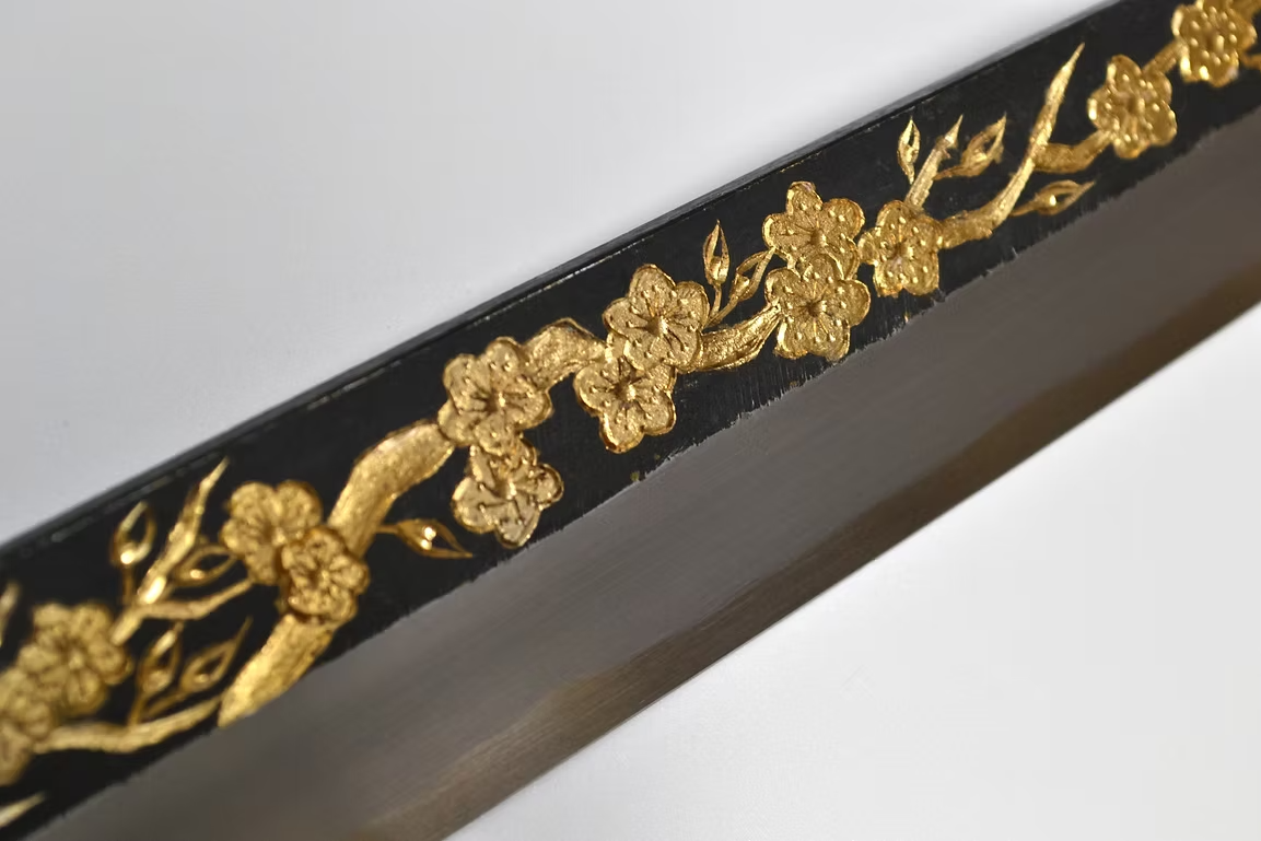 Sakai Takayuki Gold Filled Engraving by Kubota Plum White Steel No.2 Black Finished Yanagiba 270mm Ebony Wood (ferrule: Black Water Buffalo Horn And Silver Ring) Handle - Japanny - Best Japanese Knife