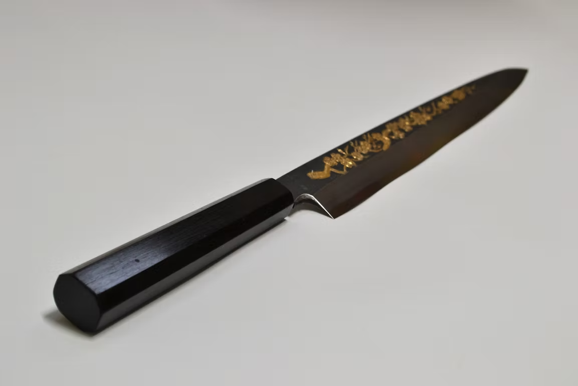 Sakai Takayuki Gold Filled Engraving by Kubota Plum White Steel No.2 Black Finished Yanagiba 270mm Ebony Wood (ferrule: Black Water Buffalo Horn And Silver Ring) Handle - Japanny - Best Japanese Knife