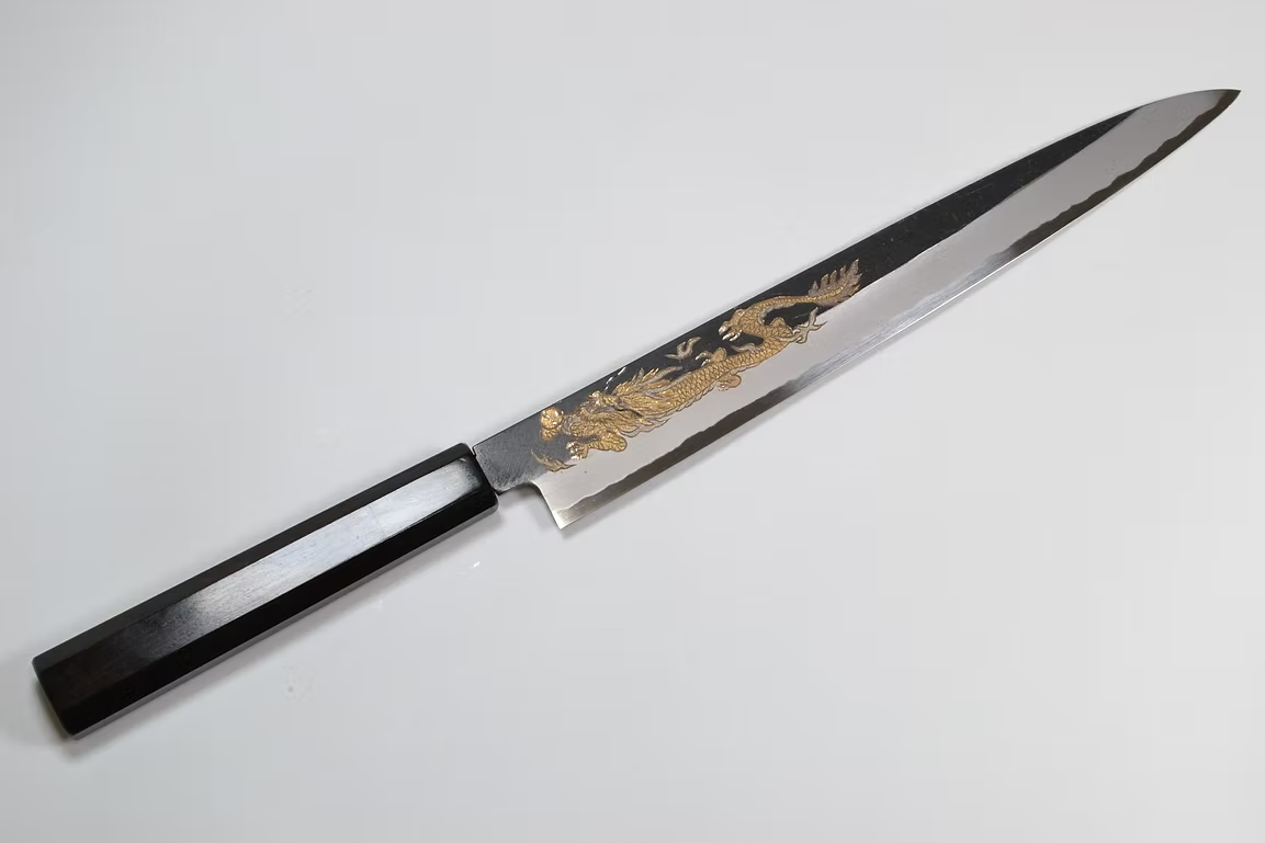 Sakai Takayuki Metal Decorated Engraving by Kubota Kin ryū White Steel No.2 Black Finished Sujihiki 240mm Ebony Wood (ferrule: Black Water Buffalo Horn And Silver Ring) Handle - Japanny - Best Japanese Knife