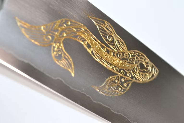 Sakai Takayuki Gold Filled Engraving by Kubota Goldfish Silver Steel No.3 Santoku 180mm Ebony Wood (ferrule: Black Water Buffalo Horn And Silver Ring) Handle - Japanny - Best Japanese Knife