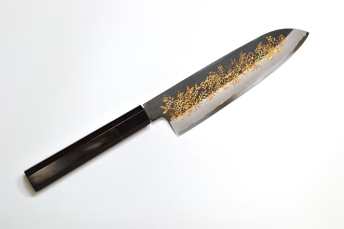 Sakai Takayuki Gold Filled Engraving by Kubota Flower garden White Steel No.2 Black Finished Santoku 180mm Ebony Wood (ferrule: Black Water Buffalo Horn And Silver Ring) Handle - Japanny - Best Japanese Knife