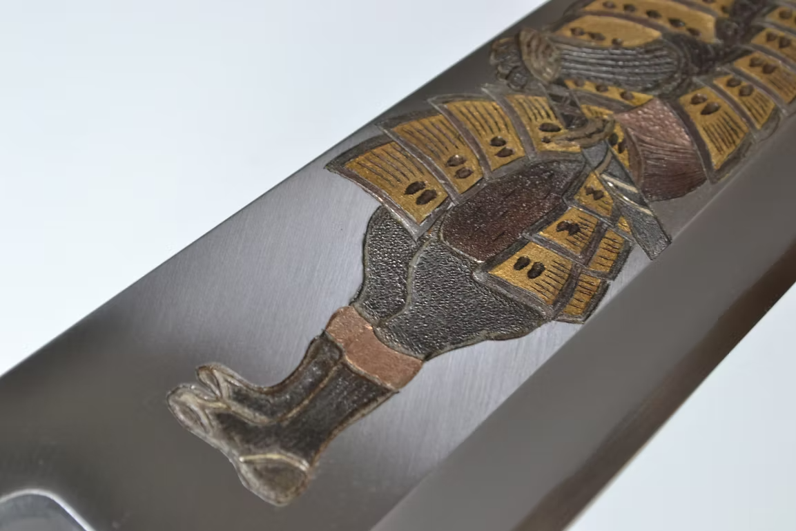 Sakai Takayuki Metal Decorated Engraving by Kubota Fūrinkazan White Steel Kasumitogi Deba 300mm Magnolia (Ferrule: Water Buffalo Horn) Handle - Japanny - Best Japanese Knife
