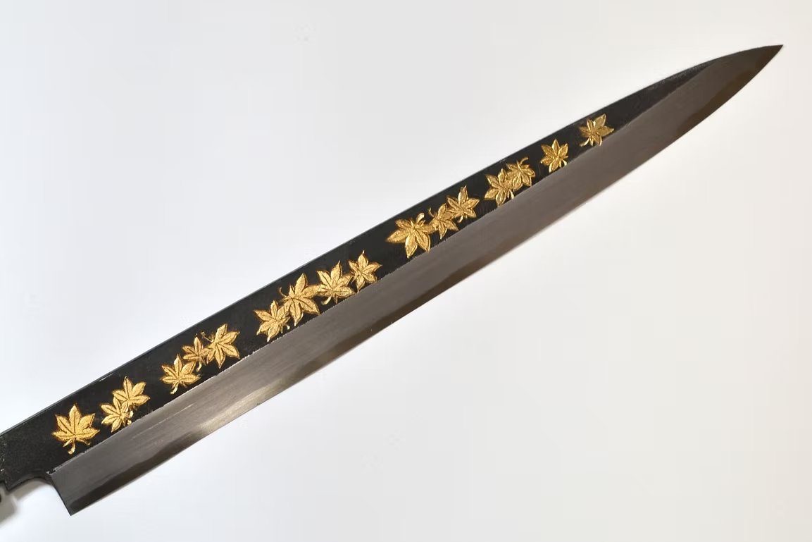 Sakai Takayuki Gold Filled Engraving by Kubota Maple White Steel No.2 Black Finished Yanagiba 270mm Ebony Wood (ferrule: Black Water Buffalo Horn And Silver Ring) Handle - Japanny - Best Japanese Knife