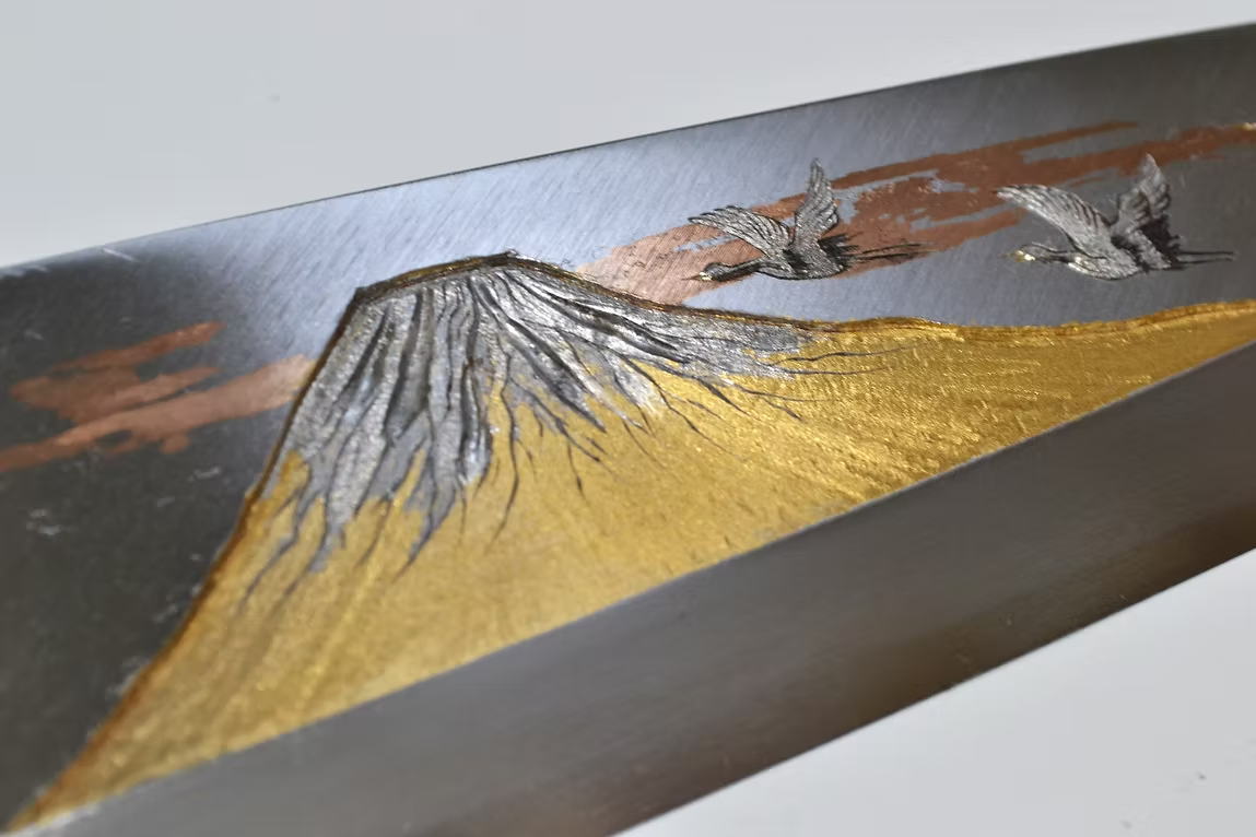 Sakai Takayuki Metal Decorated Engraving by Kubota Mt. Fuji and Cranes White Steel Kasumitogi Deba 240mm Magnolia (Ferrule: Water Buffalo Horn) Handle - Japanny - Best Japanese Knife