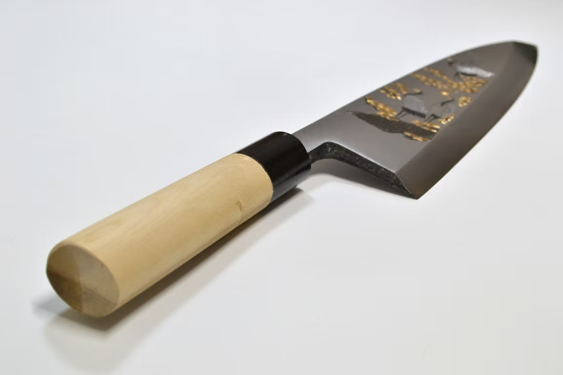 Sakai Takayuki Metal Decorated Engraving by Kubota Syōkaku White Steel Kasumitogi Deba 240mm Magnolia (Ferrule: Water Buffalo Horn) Handle - Japanny - Best Japanese Knife
