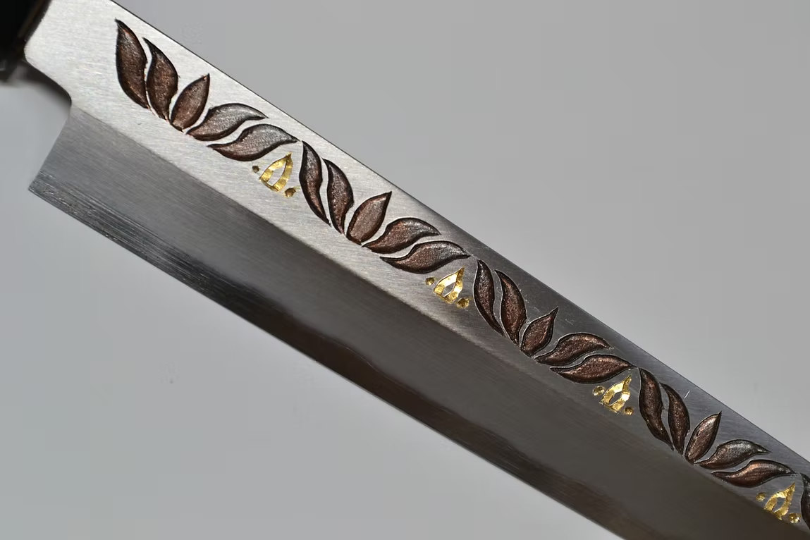 Sakai Takayuki Metal Decorated Engraving by Kubota Lotus White Steel Kasumitogi Yanagiba 270mm Magnolia (Ferrule: Water Buffalo Horn) Handle - Japanny - Best Japanese Knife