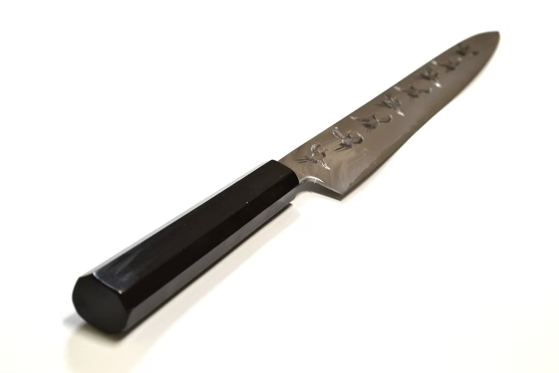 Sakai Takayuki Metal Decorated Engraving by Kubota Flock of cranes Silver Steel No.3 Sujihiki 270mm Ebony Wood (ferrule: Black Water Buffalo Horn And Silver Ring) Handle - Japanny - Best Japanese Knife