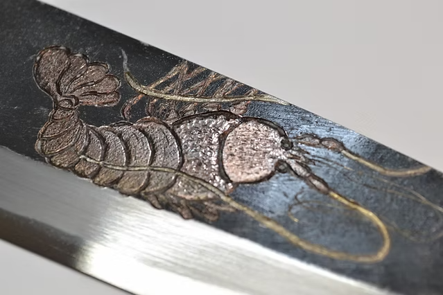 Sakai Takayuki Metal Decorated Engraving by Kubota Lobster White Steel No.2 Black Finished Deba 165mm Ebony Wood (ferrule: Black Water Buffalo Horn And Silver Ring) Handle - Japanny - Best Japanese Knife