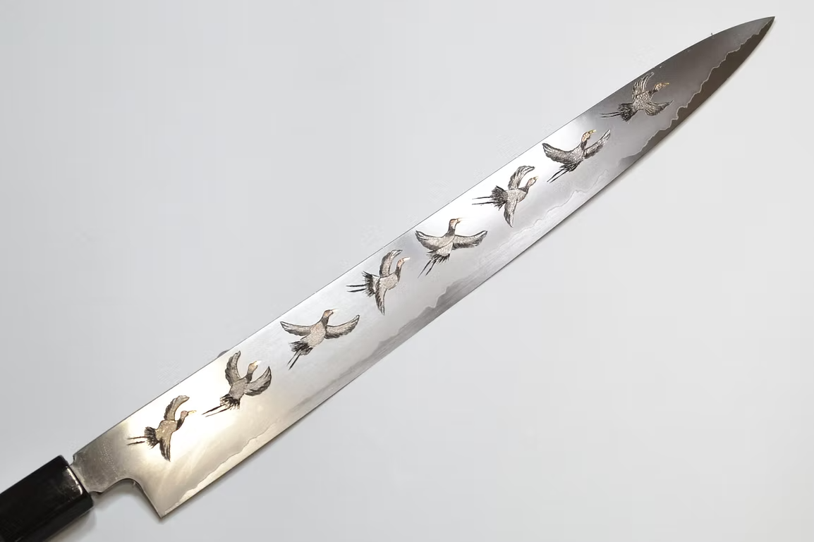 Sakai Takayuki Metal Decorated Engraving by Kubota Flock of cranes Silver Steel No.3 Sujihiki 270mm Ebony Wood (ferrule: Black Water Buffalo Horn And Silver Ring) Handle - Japanny - Best Japanese Knife