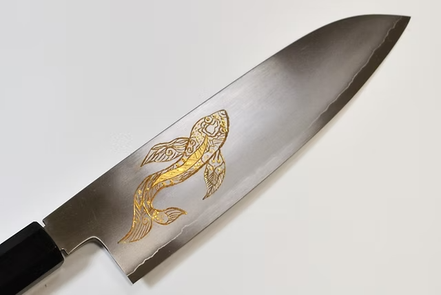 Sakai Takayuki Gold Filled Engraving by Kubota Goldfish Silver Steel No.3 Santoku 180mm Ebony Wood (ferrule: Black Water Buffalo Horn And Silver Ring) Handle - Japanny - Best Japanese Knife