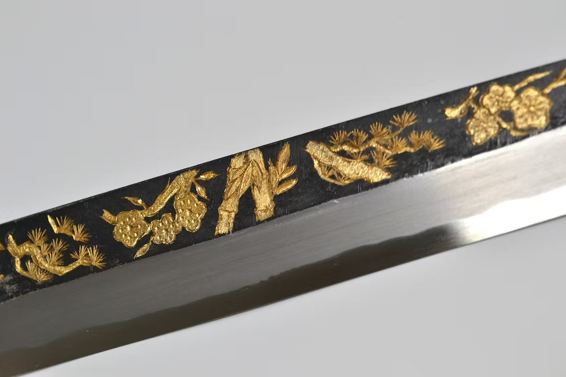 Sakai Takayuki Gold Filled Engraving by Kubota Shou Chiku Bai White Steel No.2 Black Finished Yanagiba 270mm Ebony Wood (ferrule: Black Water Buffalo Horn And Silver Ring) Handle - Japanny - Best Japanese Knife