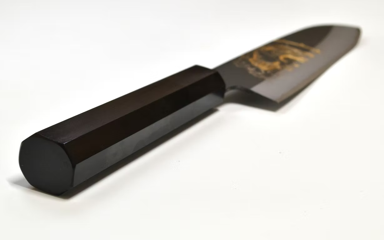 Sakai Takayuki Gold Filled Engraving by Kubota Raijin White Steel No.2 Black Finished Santoku 180mm Ebony Wood (ferrule: Black Water Buffalo Horn And Silver Ring) Handle - Japanny - Best Japanese Knife
