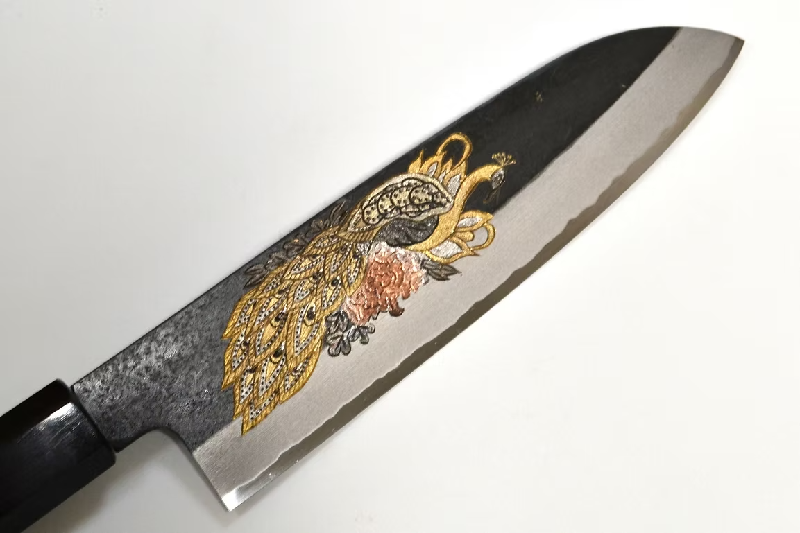 Sakai Takayuki Metal Decorated Engraving by Kubota Peacock White Steel No.2 Black Finished Santoku 180mm Ebony Wood (ferrule: Black Water Buffalo Horn And Silver Ring) Handle - Japanny - Best Japanese Knife
