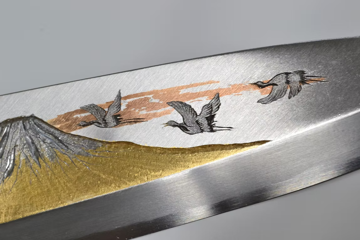 Sakai Takayuki Metal Decorated Engraving by Kubota Mt. Fuji and Cranes White Steel Kasumitogi Deba 240mm Magnolia (Ferrule: Water Buffalo Horn) Handle - Japanny - Best Japanese Knife