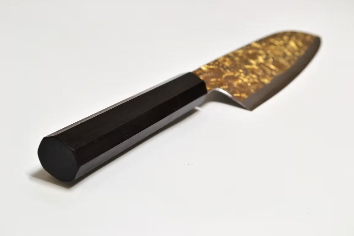 Sakai Takayuki Gold Filled Engraving by Kubota Mandala Silver Steel No.3 Santoku 180mm Ebony Wood (ferrule: Black Water Buffalo Horn And Silver Ring) Handle - Japanny - Best Japanese Knife