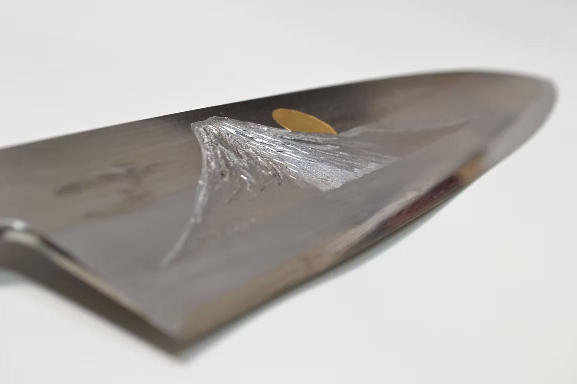 Sakai Takayuki Gold Filled Engraving by Kubota Sunset over Mt. Fuji Blue Steel No.2 Gyuto 240mm Magnolia (Ferrule: Water Buffalo Horn) Handle - Japanny - Best Japanese Knife