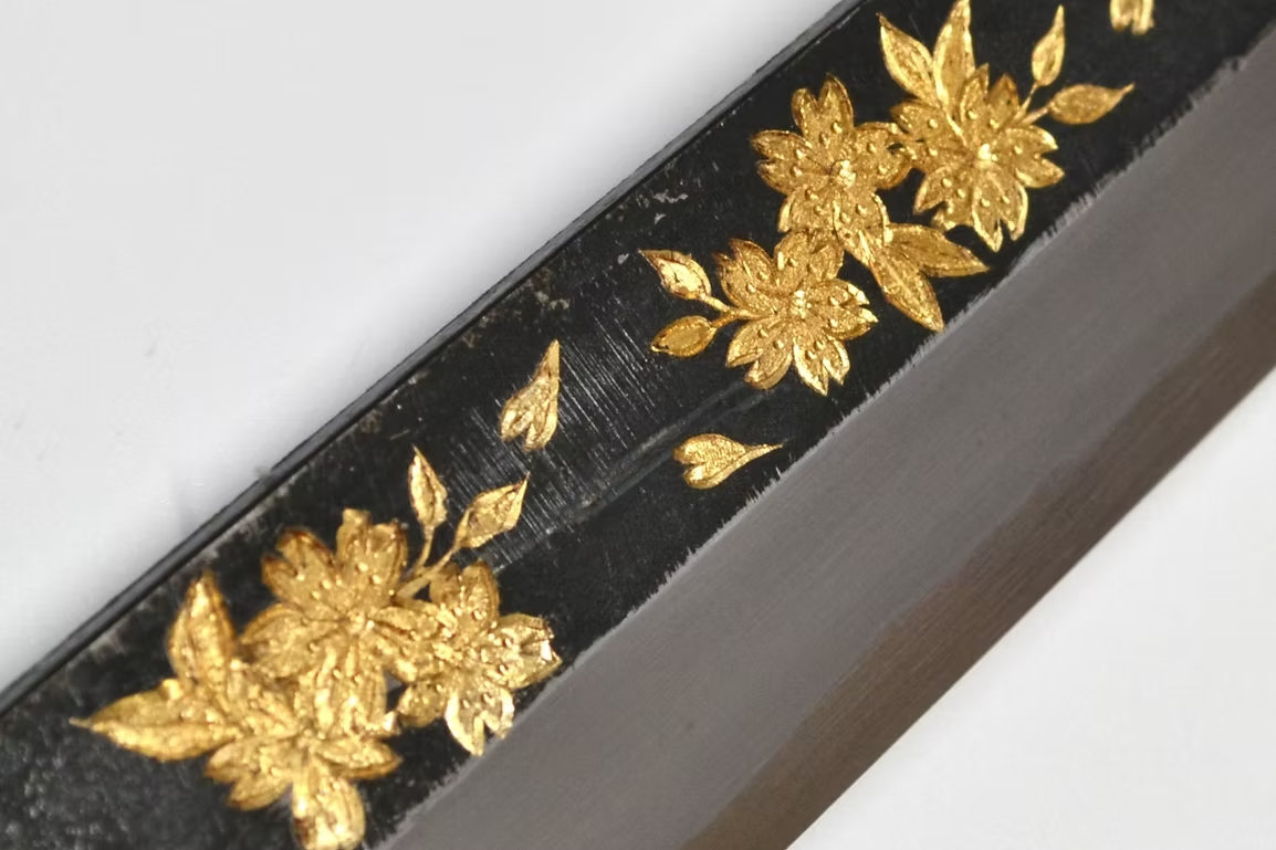 Sakai Takayuki Gold Filled Engraving by Kubota Night Sakura White Steel No.2 Black Finished Yanagiba 270mm Ebony Wood (ferrule: Black Water Buffalo Horn And Silver Ring) Handle - Japanny - Best Japanese Knife