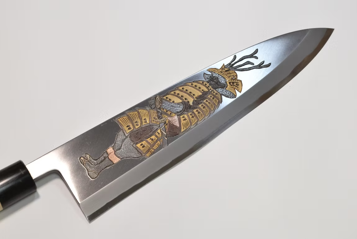Sakai Takayuki Metal Decorated Engraving by Kubota Fūrinkazan White Steel Kasumitogi Deba 300mm Magnolia (Ferrule: Water Buffalo Horn) Handle - Japanny - Best Japanese Knife