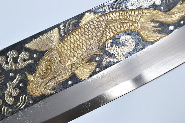 Sakai Takayuki Metal Decorated Engraving by Kubota Sojo no koi White Steel No.2 Black Finished Deba 240mm Ebony Wood (ferrule: Black Water Buffalo Horn And Silver Ring) Handle - Japanny - Best Japanese Knife