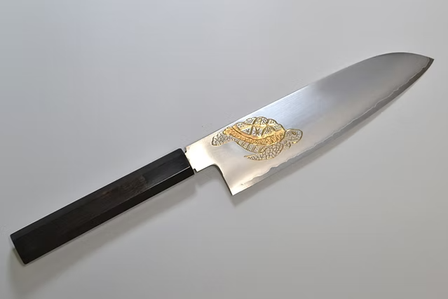Sakai Takayuki Gold Filled Engraving by Kubota Turtle Silver Steel No.3 Santoku 180mm Ebony Wood (ferrule: Black Water Buffalo Horn And Silver Ring) Handle - Japanny - Best Japanese Knife