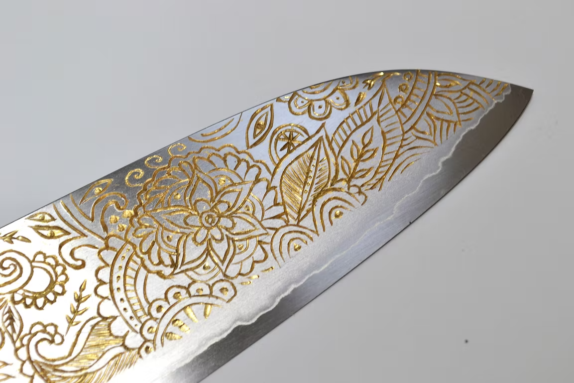 Sakai Takayuki Gold Filled Engraving by Kubota Mandala Silver Steel No.3 Santoku 180mm Ebony Wood (ferrule: Black Water Buffalo Horn And Silver Ring) Handle - Japanny - Best Japanese Knife