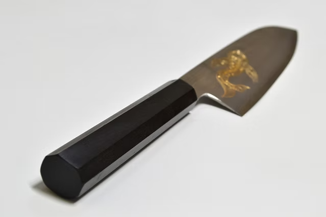 Sakai Takayuki Gold Filled Engraving by Kubota Goldfish Silver Steel No.3 Santoku 180mm Ebony Wood (ferrule: Black Water Buffalo Horn And Silver Ring) Handle - Japanny - Best Japanese Knife