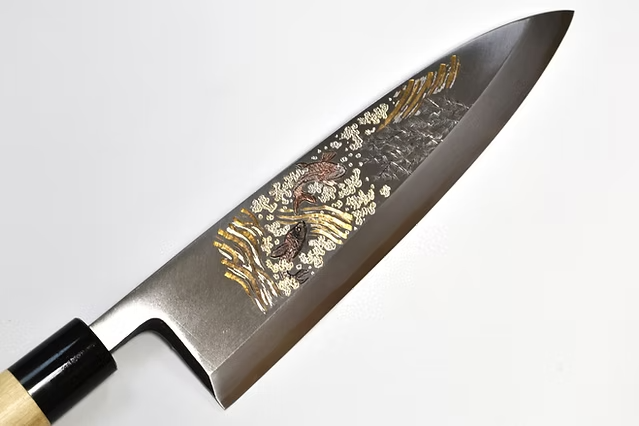 Sakai Takayuki Metal Decorated Engraving by Kubota Ascend of Koi White Steel Kasumitogi Deba 240mm Magnolia (Ferrule: Water Buffalo Horn) Handle - Japanny - Best Japanese Knife