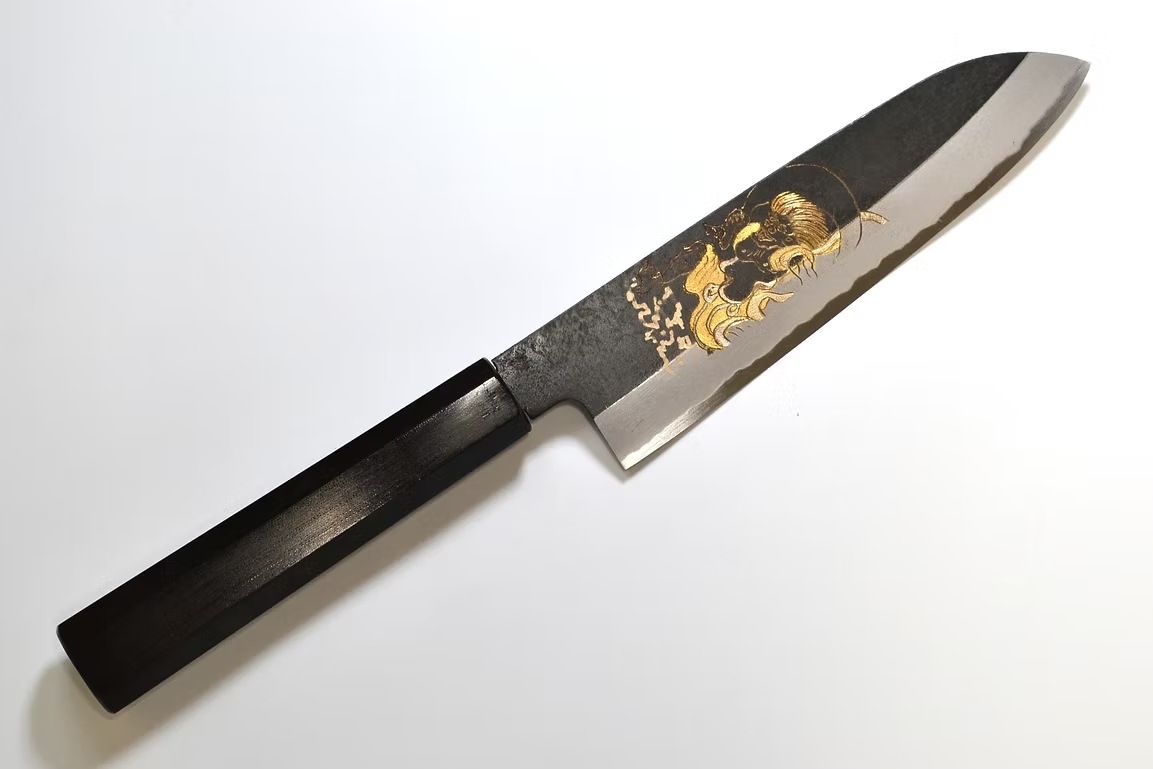 Sakai Takayuki Gold Filled Engraving by Kubota Fūjin White Steel No.2 Black Finished Santoku 180mm Ebony Wood (ferrule: Black Water Buffalo Horn And Silver Ring) Handle - Japanny - Best Japanese Knife
