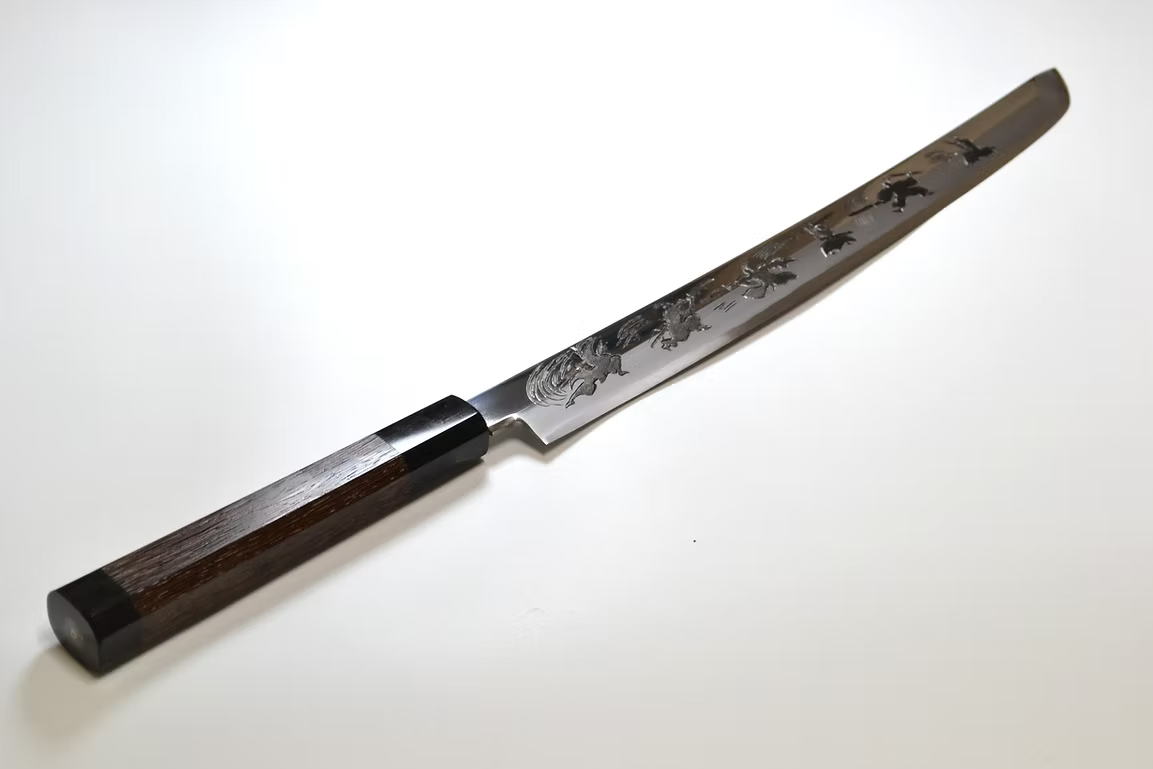 Sakai Takayuki Metal Decorated Engraving by Kubota Bushido Silver Steel No.3 Sakimaru Yanagiba 330mm Wenge (ferrule: Black Buffalo Horn) Handle - Japanny - Best Japanese Knife