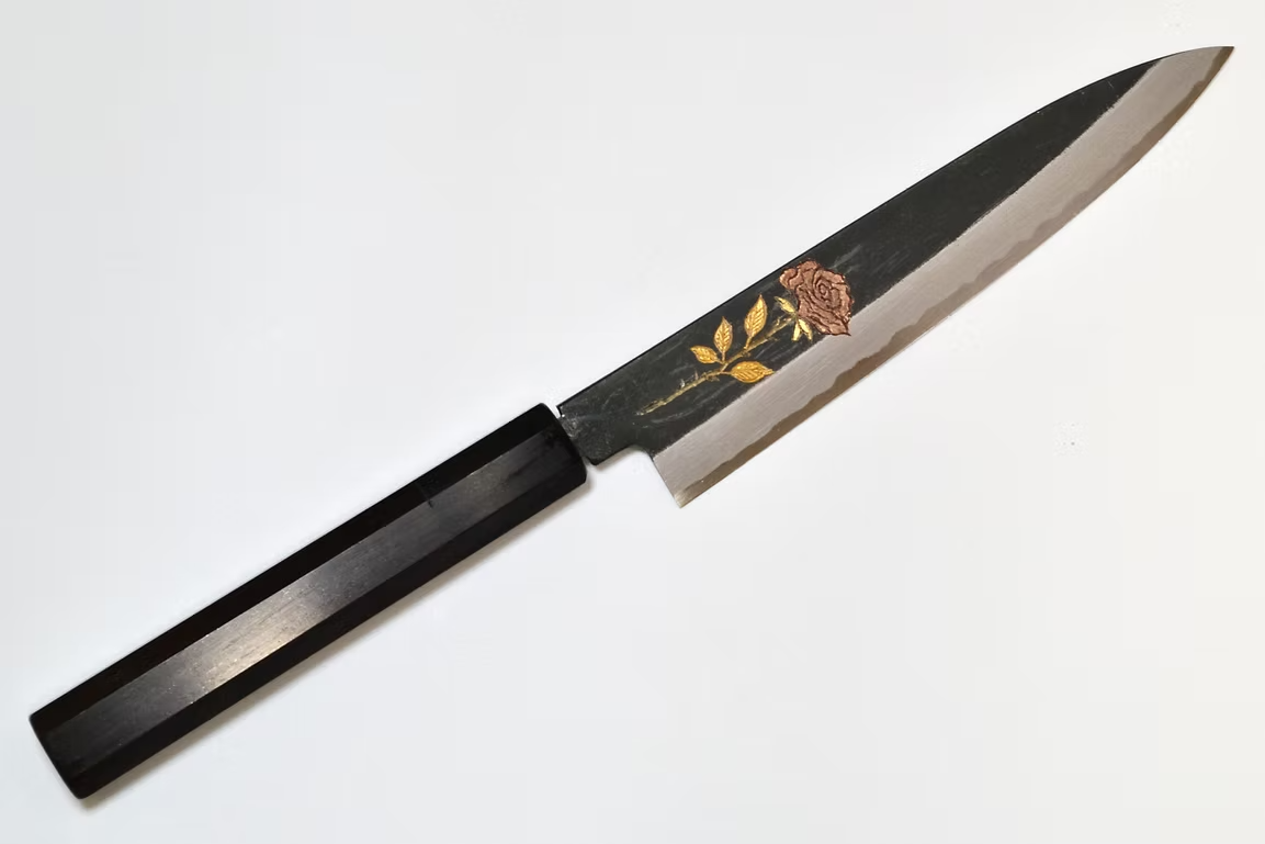 Sakai Takayuki Metal Decorated Engraving by Kubota Rose White Steel No.2 Black Finished Petty-Utility 150mm Ebony Wood (ferrule: Black Water Buffalo Horn And Silver Ring) Handle - Japanny - Best Japanese Knife