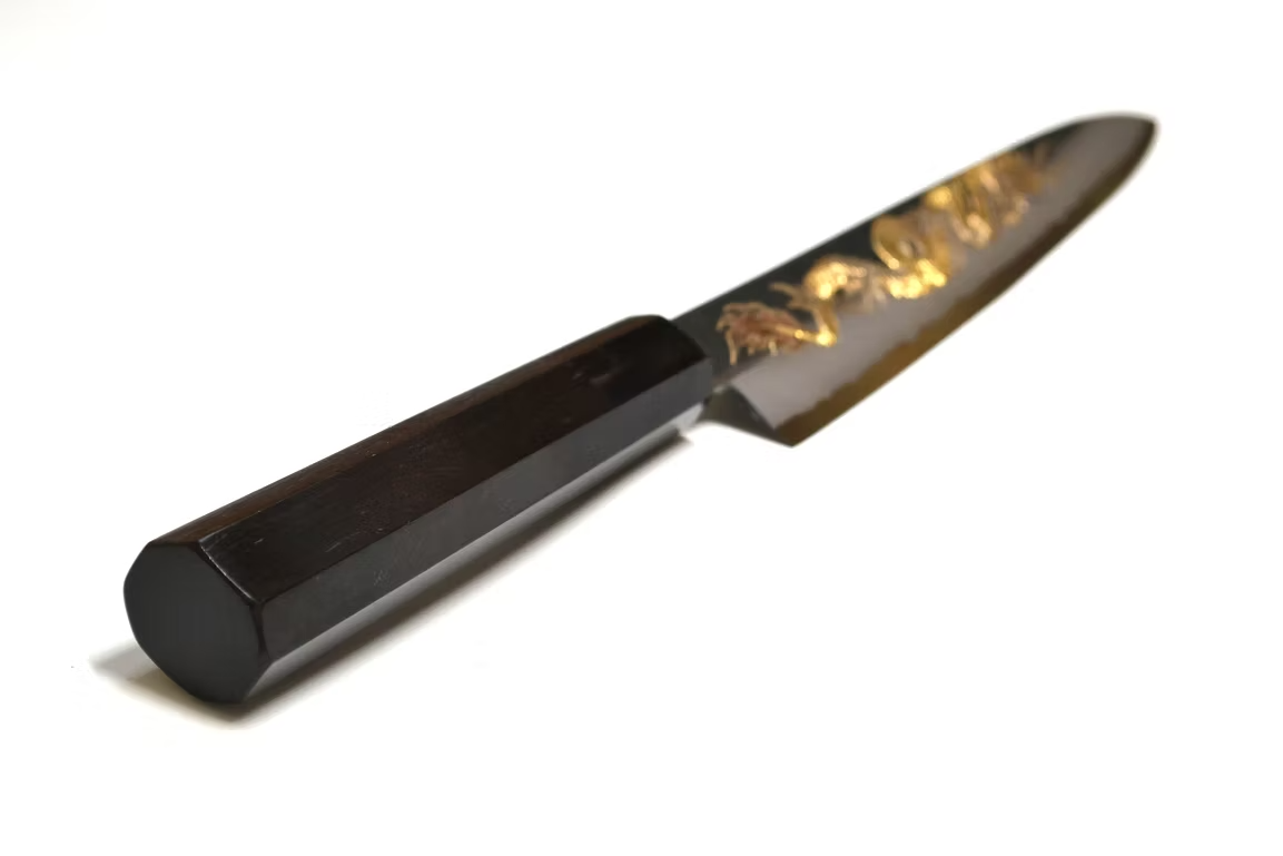 Sakai Takayuki Metal Decorated Engraving by Kubota Ten ryū White Steel No.2 Black Finished Sujihiki 240mm Ebony Wood (ferrule: Black Water Buffalo Horn And Silver Ring) Handle - Japanny - Best Japanese Knife