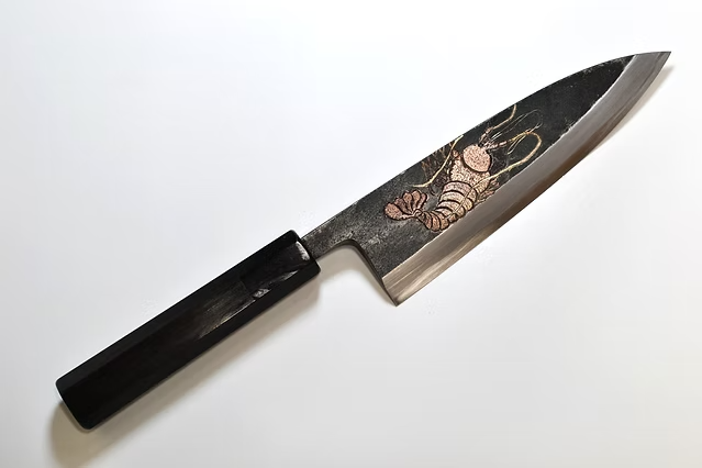 Sakai Takayuki Metal Decorated Engraving by Kubota Lobster White Steel No.2 Black Finished Deba 165mm Ebony Wood (ferrule: Black Water Buffalo Horn And Silver Ring) Handle - Japanny - Best Japanese Knife