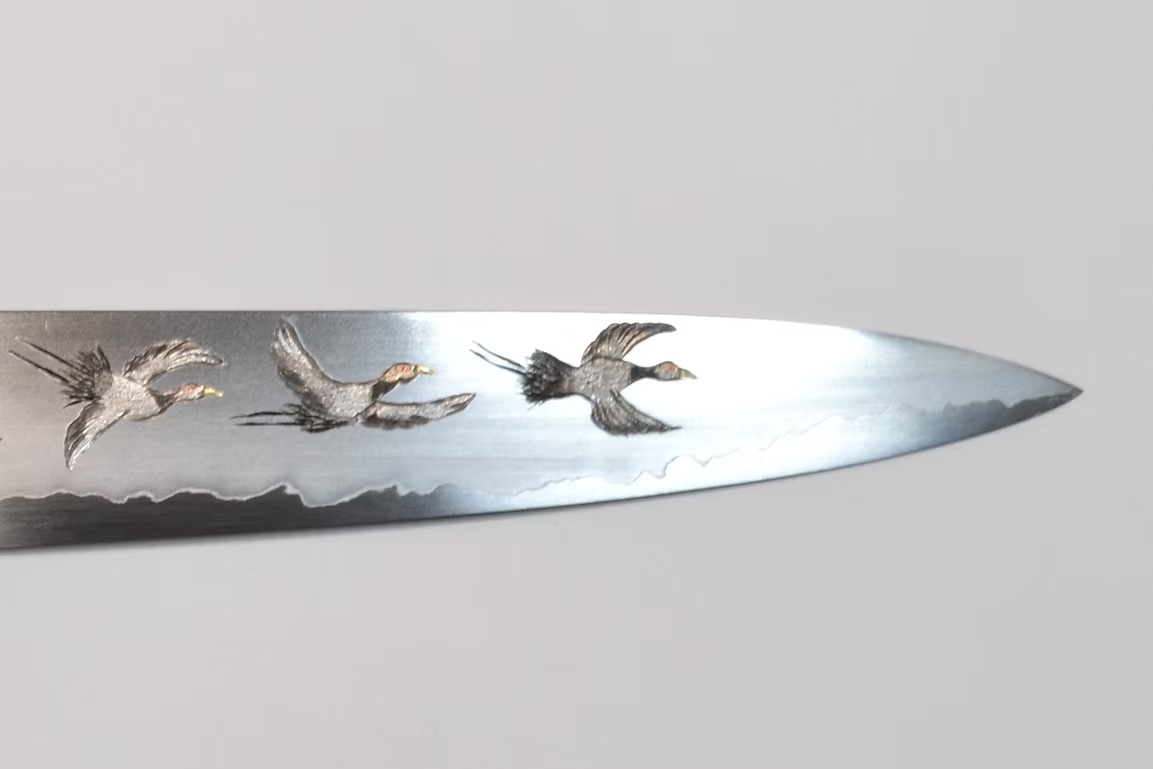Sakai Takayuki Metal Decorated Engraving by Kubota Flock of cranes Silver Steel No.3 Sujihiki 270mm Ebony Wood (ferrule: Black Water Buffalo Horn And Silver Ring) Handle - Japanny - Best Japanese Knife