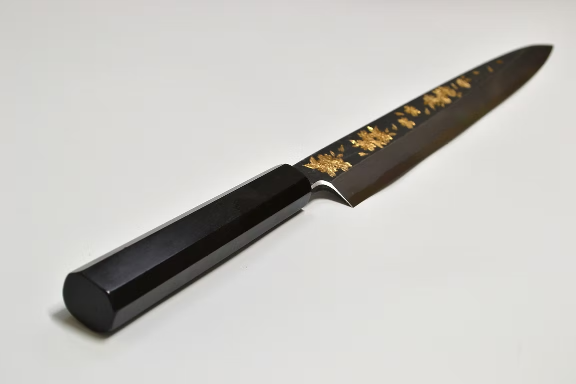 Sakai Takayuki Gold Filled Engraving by Kubota Night Sakura White Steel No.2 Black Finished Yanagiba 270mm Ebony Wood (ferrule: Black Water Buffalo Horn And Silver Ring) Handle - Japanny - Best Japanese Knife