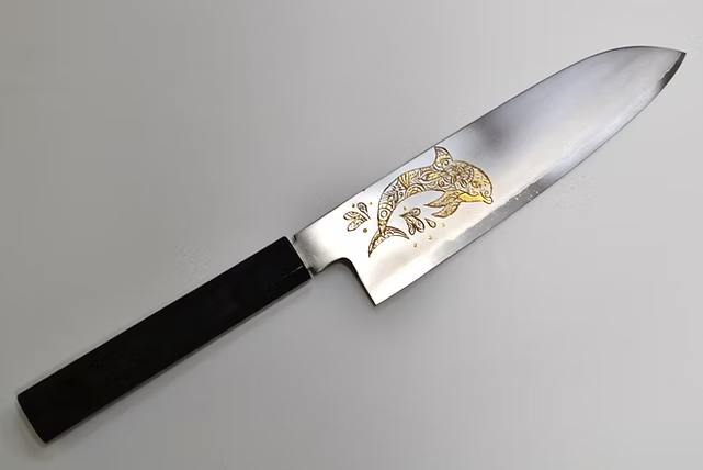 Sakai Takayuki Gold Filled Engraving by Kubota Dolphin Silver Steel No.3 Santoku 180mm Ebony Wood (ferrule: Black Water Buffalo Horn And Silver Ring) Handle - Japanny - Best Japanese Knife