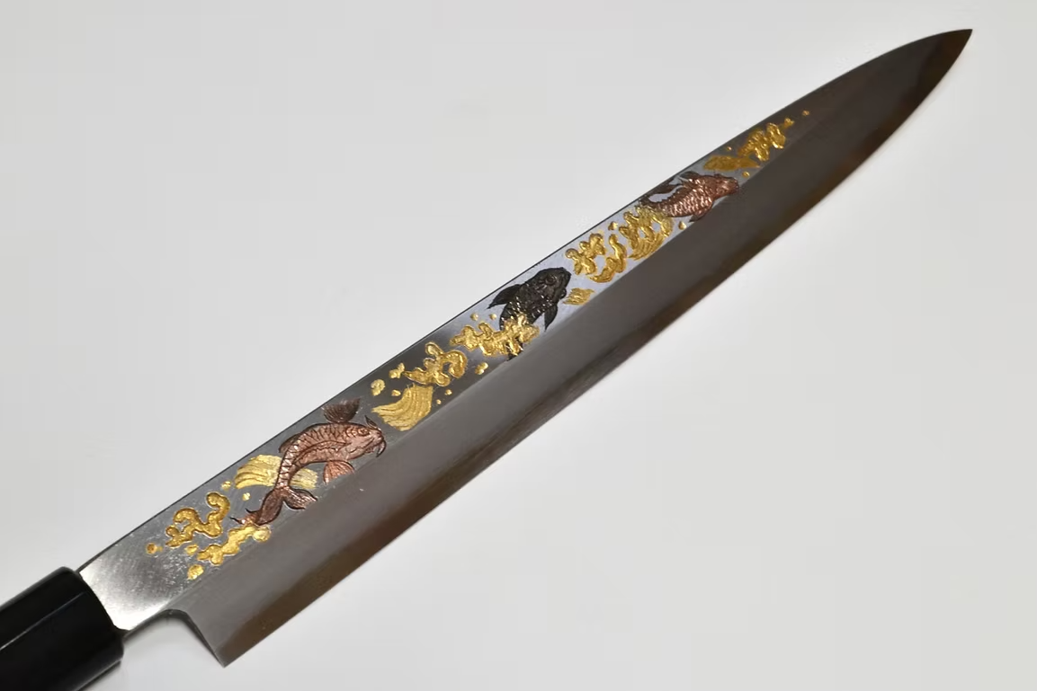 Sakai Takayuki Metal Decorated Engraving by Kubota Dance of Koi White Steel Kasumitogi Yanagiba 270mm Magnolia (Ferrule: Water Buffalo Horn) Handle - Japanny - Best Japanese Knife