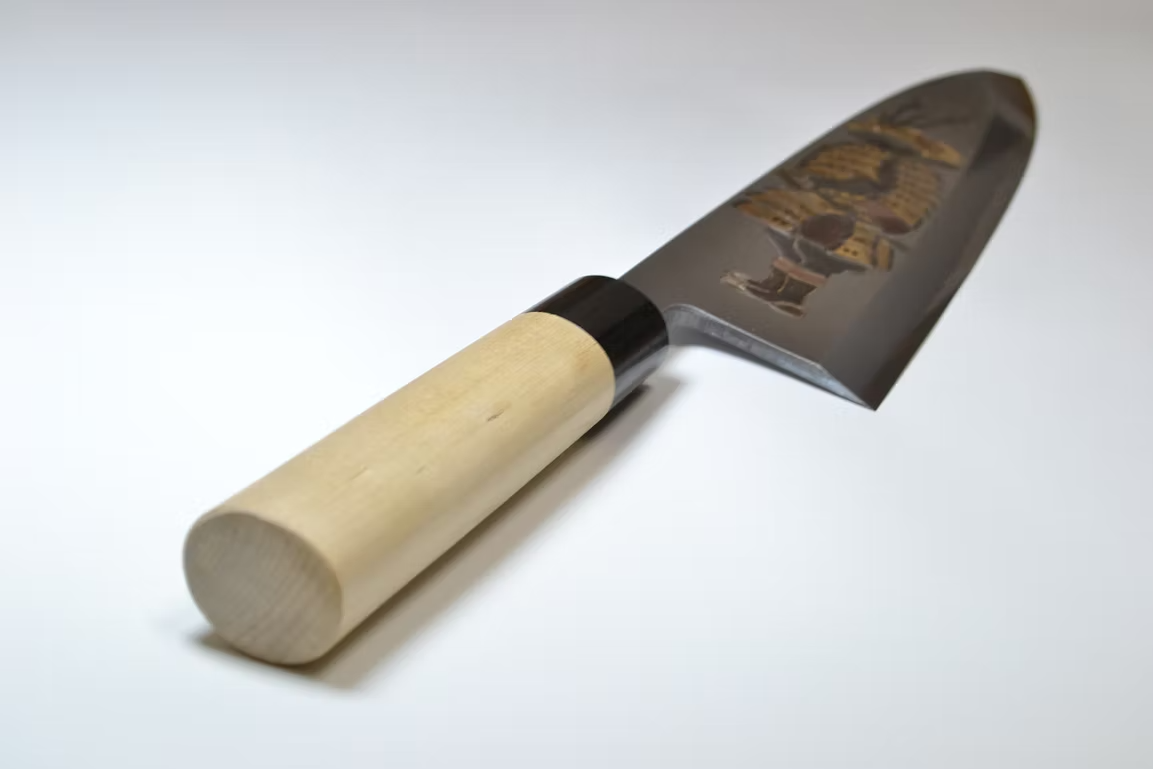 Sakai Takayuki Metal Decorated Engraving by Kubota Fūrinkazan White Steel Kasumitogi Deba 300mm Magnolia (Ferrule: Water Buffalo Horn) Handle - Japanny - Best Japanese Knife