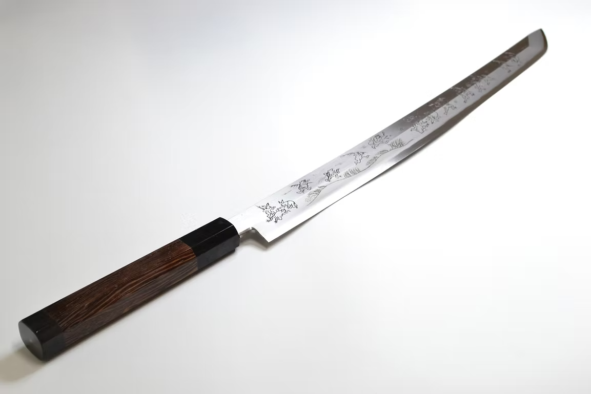 Sakai Takayuki Metal Decorated Engraving by Kubota Chōjū giga Silver Steel No.3 Sakimaru Yanagiba 330mm Wenge (ferrule: Black Buffalo Horn) Handle - Japanny - Best Japanese Knife