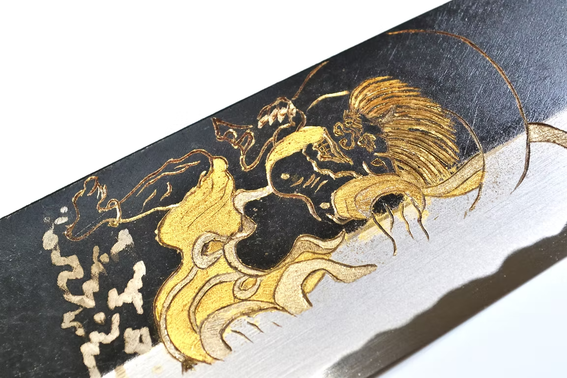 Sakai Takayuki Gold Filled Engraving by Kubota Fūjin White Steel No.2 Black Finished Santoku 180mm Ebony Wood (ferrule: Black Water Buffalo Horn And Silver Ring) Handle - Japanny - Best Japanese Knife