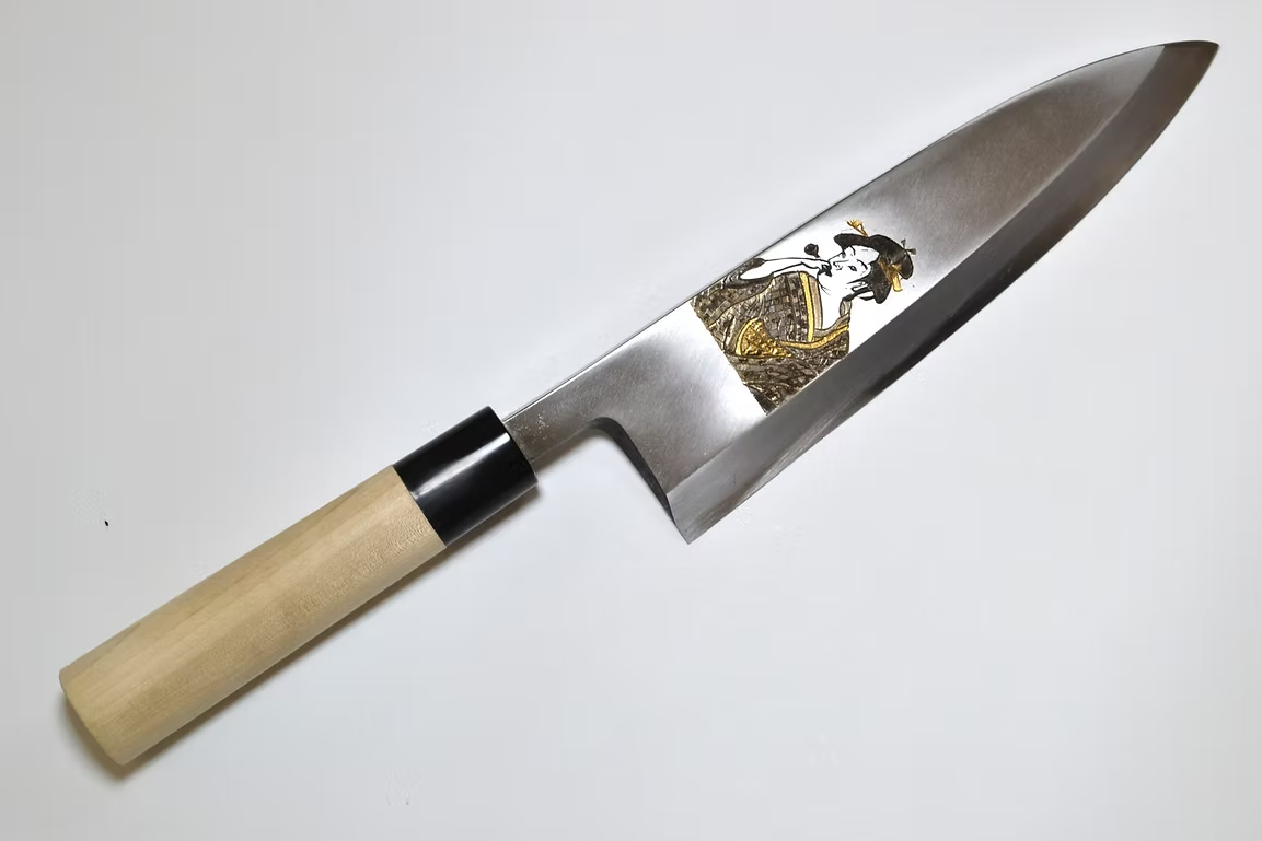 Sakai Takayuki Metal Decorated Engraving by Kubota Ukiyoe - Female White Steel Kasumitogi Deba 210mm Magnolia (Ferrule: Water Buffalo Horn) Handle - Japanny - Best Japanese Knife