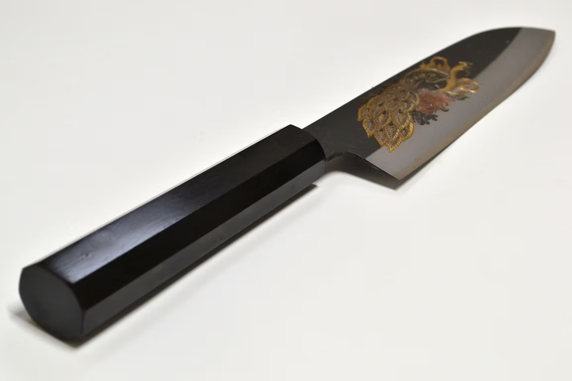 Sakai Takayuki Metal Decorated Engraving by Kubota Peacock White Steel No.2 Black Finished Santoku 180mm Ebony Wood (ferrule: Black Water Buffalo Horn And Silver Ring) Handle - Japanny - Best Japanese Knife