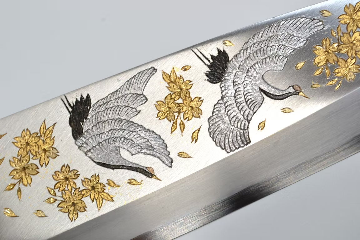 Sakai Takayuki Metal Decorated Engraving by Kubota Maizuru White Steel Kasumitogi Deba 240mm Magnolia (Ferrule: Water Buffalo Horn) Handle - Japanny - Best Japanese Knife