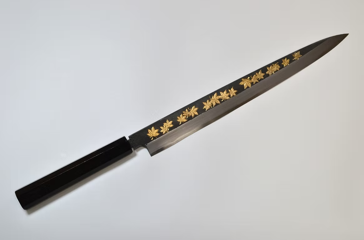 Sakai Takayuki Gold Filled Engraving by Kubota Maple White Steel No.2 Black Finished Yanagiba 270mm Ebony Wood (ferrule: Black Water Buffalo Horn And Silver Ring) Handle - Japanny - Best Japanese Knife