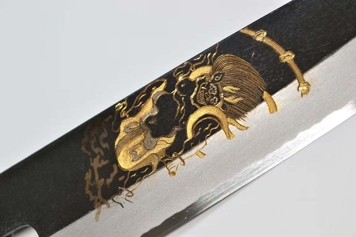 Sakai Takayuki Gold Filled Engraving by Kubota Raijin White Steel No.2 Black Finished Santoku 180mm Ebony Wood (ferrule: Black Water Buffalo Horn And Silver Ring) Handle - Japanny - Best Japanese Knife