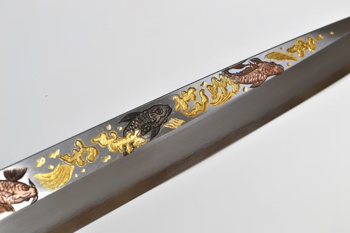 Sakai Takayuki Metal Decorated Engraving by Kubota Dance of Koi White Steel Kasumitogi Yanagiba 270mm Magnolia (Ferrule: Water Buffalo Horn) Handle - Japanny - Best Japanese Knife