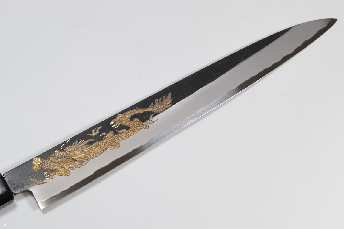 Sakai Takayuki Metal Decorated Engraving by Kubota Kin ryū White Steel No.2 Black Finished Sujihiki 240mm Ebony Wood (ferrule: Black Water Buffalo Horn And Silver Ring) Handle - Japanny - Best Japanese Knife