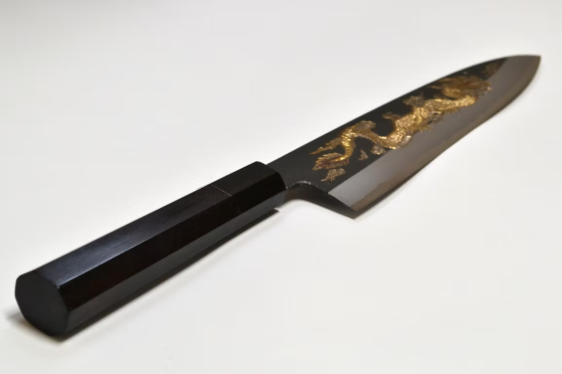 Sakai Takayuki Metal Decorated Engraving by Kubota Un ryū White Steel No.2 Black Finished Gyuto 240mm Ebony Wood (ferrule: Black Water Buffalo Horn And Silver Ring) Handle - Japanny - Best Japanese Knife