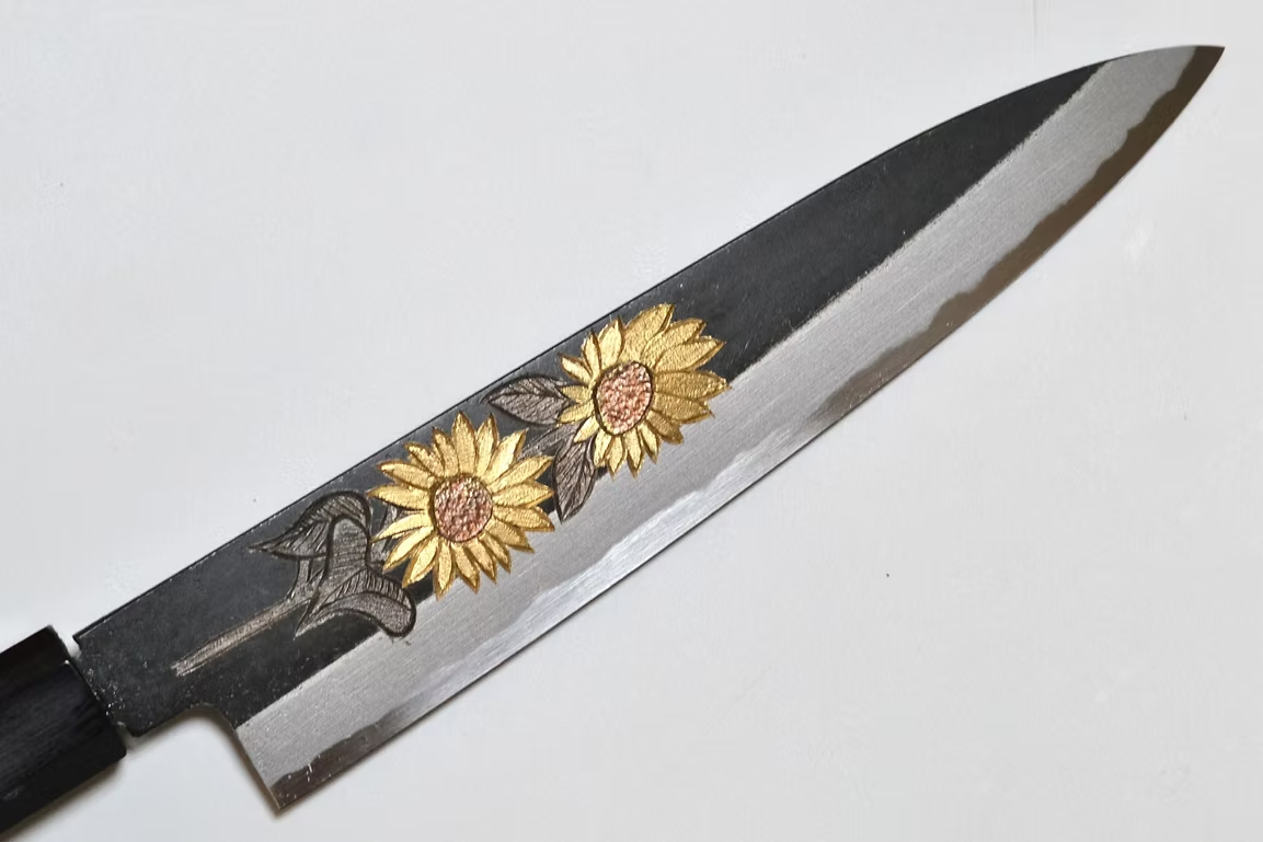Sakai Takayuki Metal Decorated Engraving by Kubota Sunflower White Steel No.2 Black Finished Petty-Utility 150mm Ebony Wood (ferrule: Black Water Buffalo Horn And Silver Ring) Handle - Japanny - Best Japanese Knife